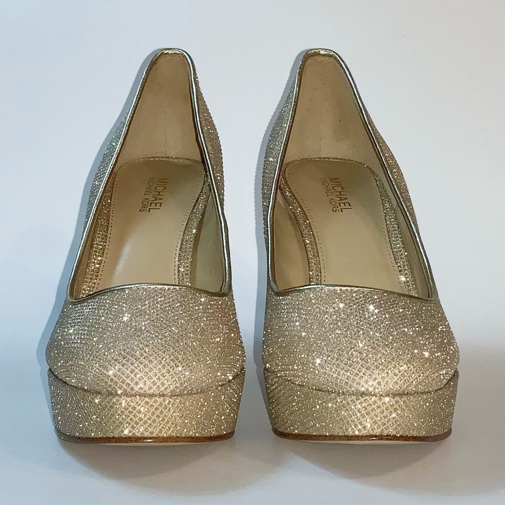 MICHAEL Michael Kors Pale Gold Glitter Chain Mesh Platform Pumps - Picture 8 of 16